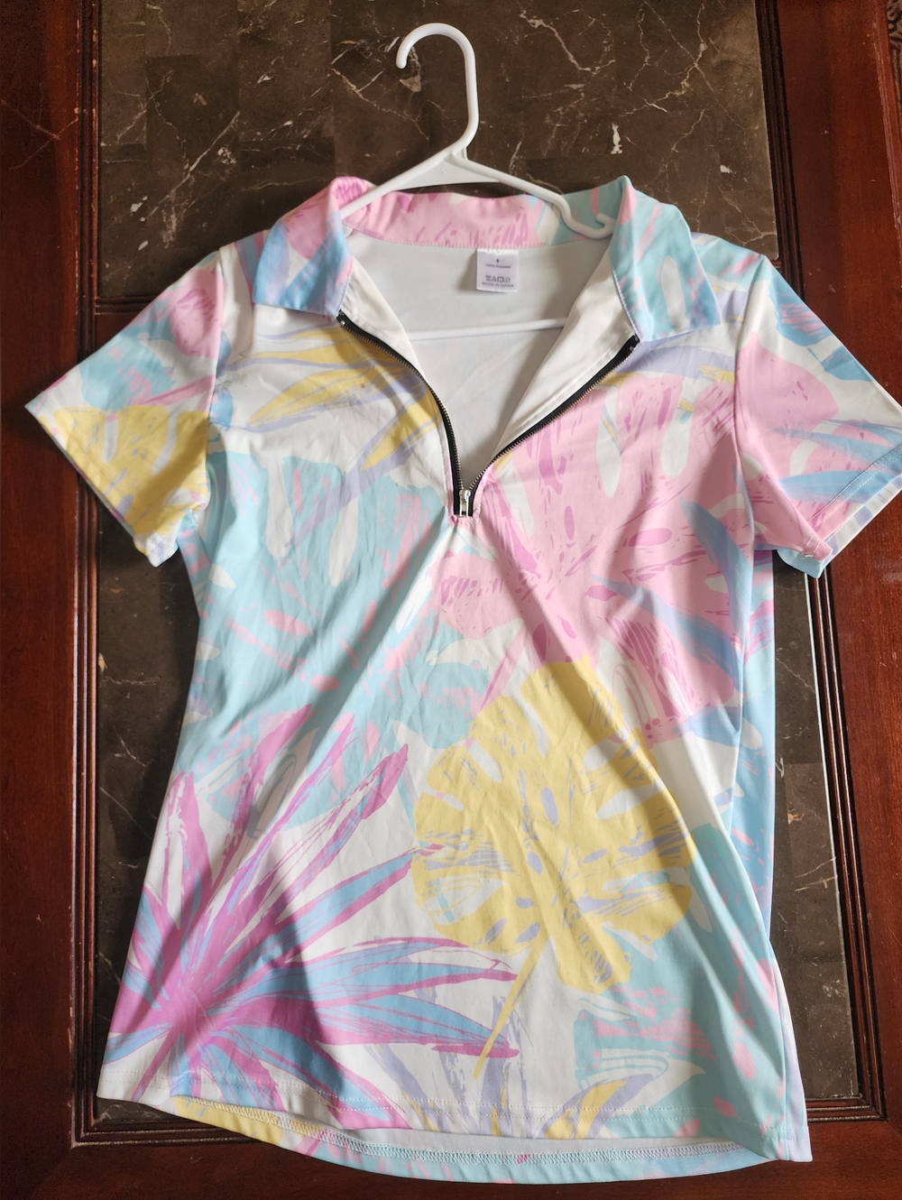Womens Small Tropical Print Zip Polo - Pastel Pink Blue Yellow